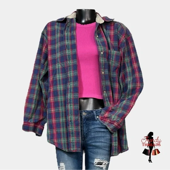 Vintage NorthCrest Plaid Distressed Flannel Mens LARGE Pocket Fall Button Shirt - Picture 1 of 8